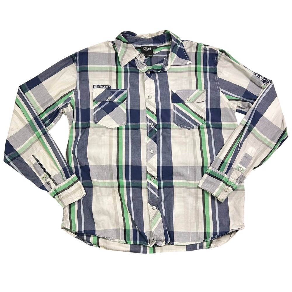Not of this World Button Up Shirt Men's Lg Plaid Pearl Snap Y2K Christian Mardel